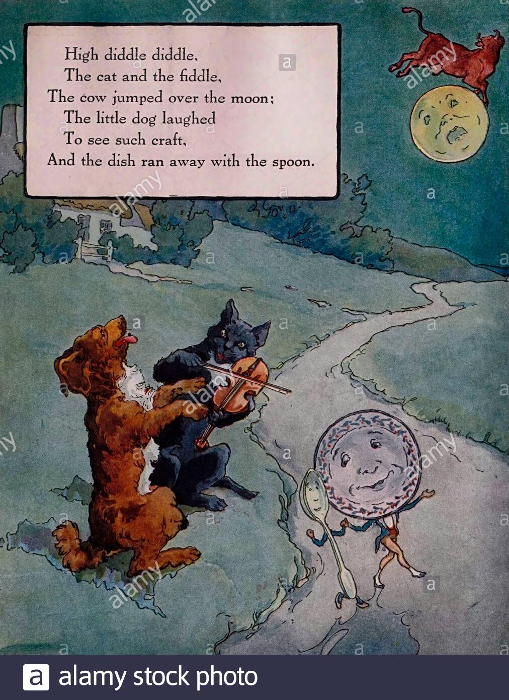 images Cow Jumped Over The Moon Vintage https www alamy com high diddle diddle the cat and the fiddle the cow jumped over the moon the little dog laughed to see such craft and the dish ran away with the spoon vintage illustration of nursery rhyme image340495866 html